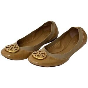 Tory Burch Ballet Flats Caroline Neutrals Tan Gold Patent Leather Womens 6 Box